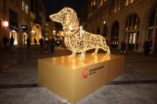 Ein überlebensgroßer Dackel begrüßt die Gäste des Christkindlmarkts in der Sendlinger Straße. Ein überlebensgroßer Dackel begrüßt die Gäste des Christkindlmarkts in der Sendlinger Straße.
